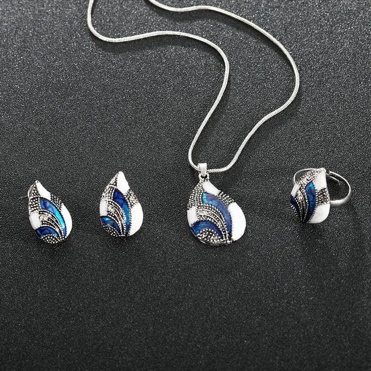 Luxury Peacock Tail Sapphire Necklace Earring Ring Set ZENDROP