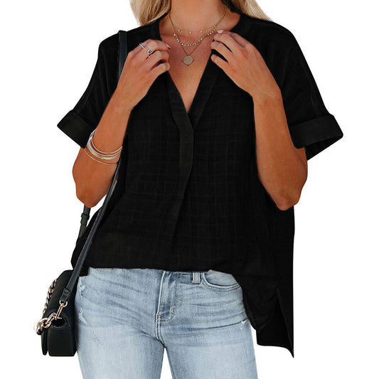 Women's Short Sleeve Thin V-neck Pullover Loose Shirt