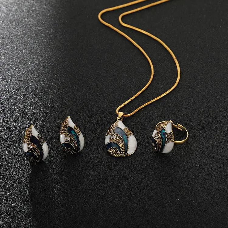 Luxury Peacock Tail Sapphire Necklace Earring Ring Set ZENDROP