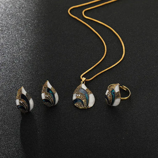 Luxury Peacock Tail Sapphire Necklace Earring Ring Set