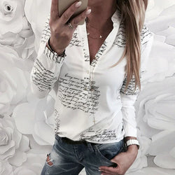 Printed V-neck Button Blouse Women's White Long Sleeve Fashion Top Plus Size