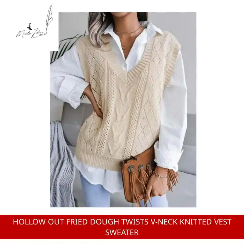 Hollow out Fried Dough Twists V-neck knitted vest sweater by@Outfy