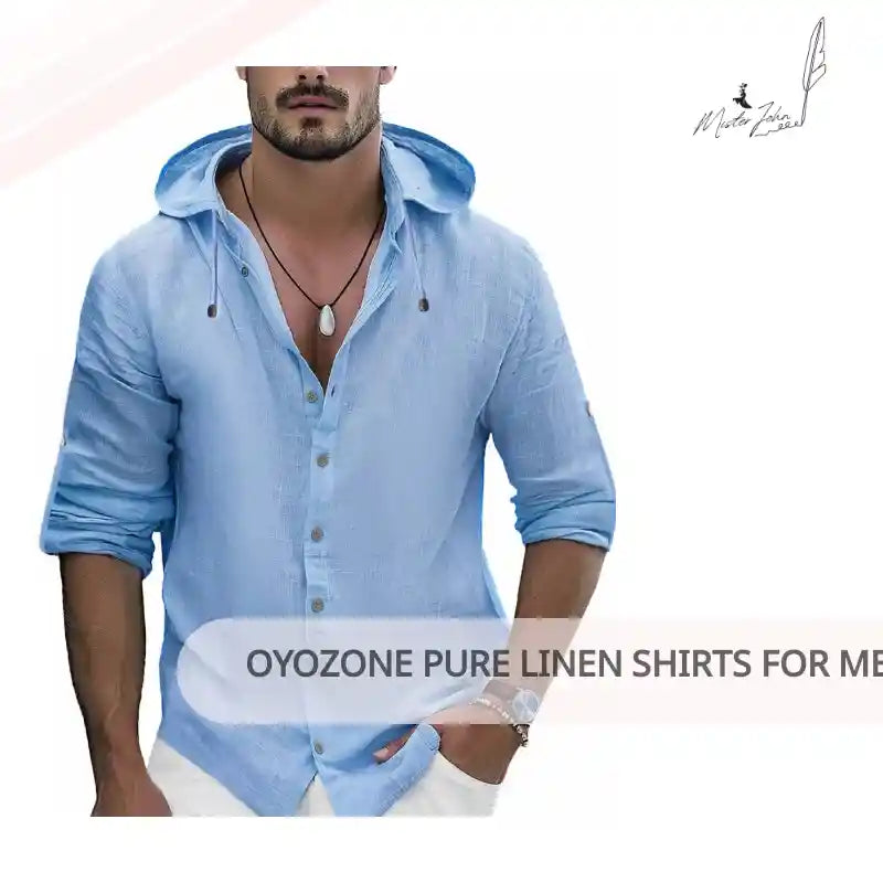 OYOZONE Pure Linen Shirts for Men Long Sleeve Mens Linen Button Down Shirts Hemp Shirts for Men Light Blue by@Outfy