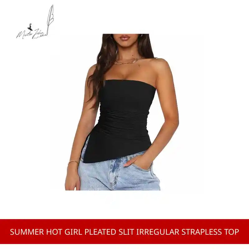 Summer hot girl pleated slit irregular strapless top by@Outfy
