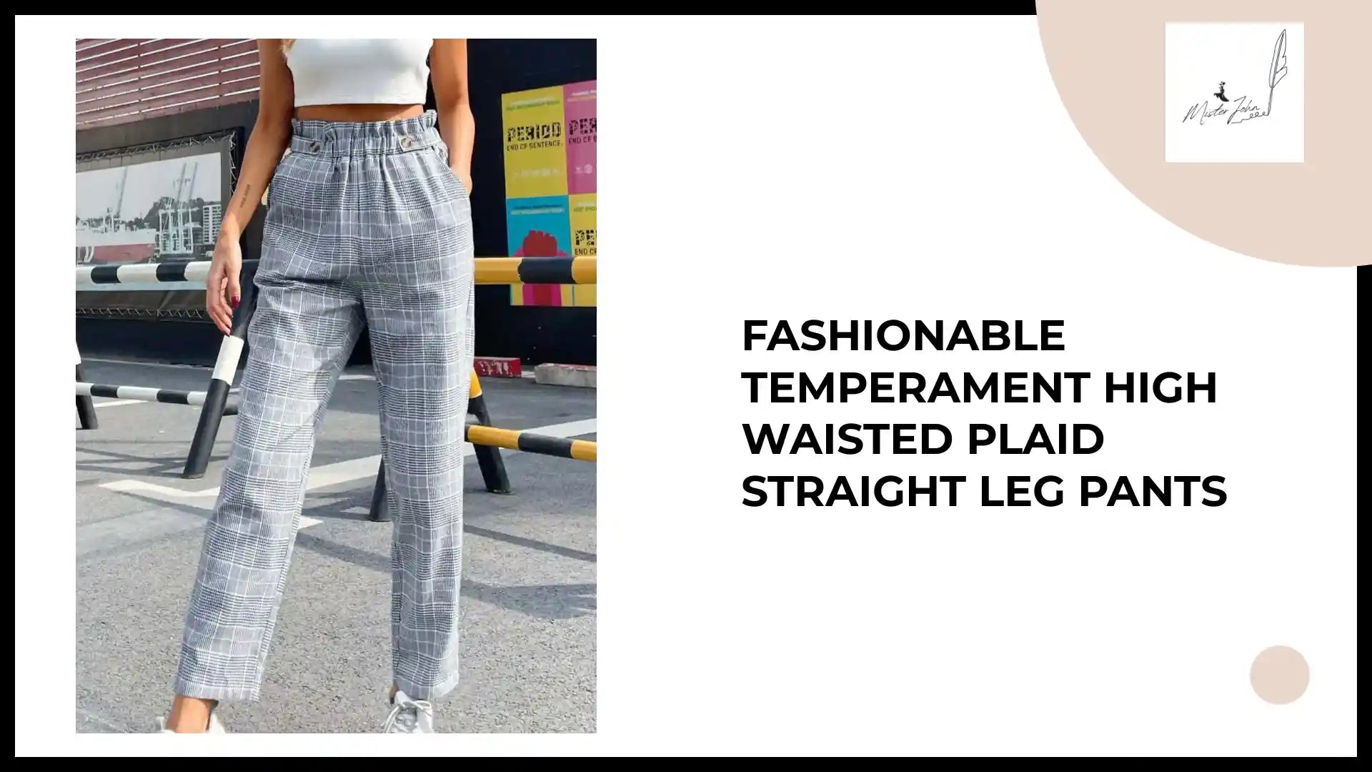 Fashionable temperament high waisted plaid straight leg pants by@Outfy
