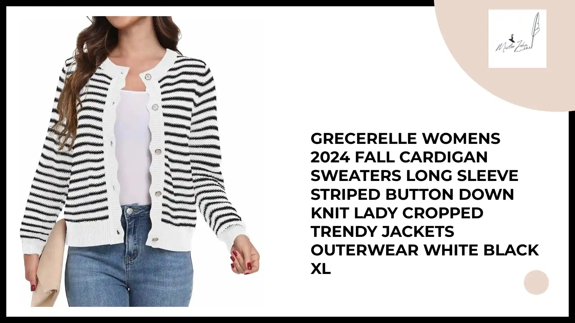 GRECERELLE Womens 2024 Fall Cardigan Sweaters Long Sleeve Striped Button Down Knit Lady Cropped Trendy Jackets Outerwear White Black XL by@Outfy