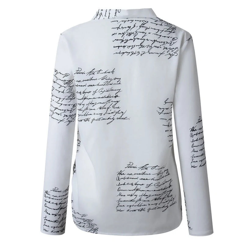 Printed V-neck button blouse, women's white long sleeve fashion top, plus size, with letter print detailing.